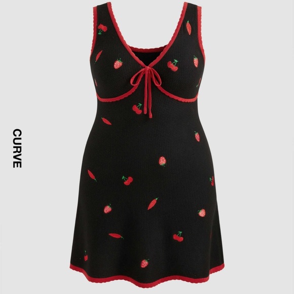 Knit V-Neck Strawberry, Cherry, Chili Embroidered knotted Mini Dress - Picture 2 of 6